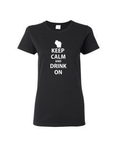 Keep Calm And Drink On Wisconsin Womens T-Shirts-Black-Womens Large
