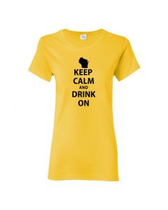 Keep Calm And Drink On Wisconsin Womens T-Shirts-Yellow-Womens Large