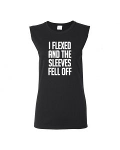 I Flexed And The Sleeves Fell Off Womens Cut Off T-Shirts-Black-Womens Large