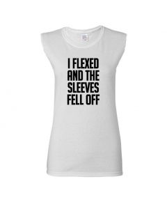I Flexed And The Sleeves Fell Off Womens Cut Off T-Shirts-White-Womens Large