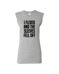 I Flexed And The Sleeves Fell Off Womens Cut Off T-Shirts-Gray-Womens Large