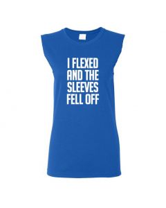 I Flexed And The Sleeves Fell Off Womens Cut Off T-Shirts-Blue-Womens Large
