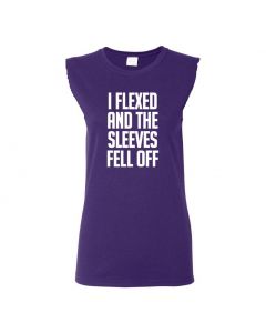 I Flexed And The Sleeves Fell Off Womens Cut Off T-Shirts-Purple-Womens Large