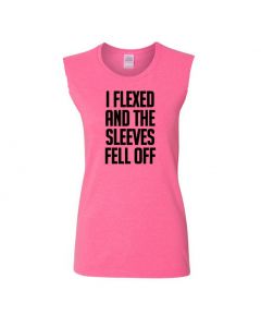 I Flexed And The Sleeves Fell Off Womens Cut Off T-Shirts-Pink-Womens Large