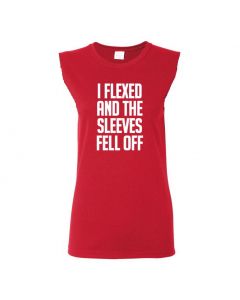 I Flexed And The Sleeves Fell Off Womens Cut Off T-Shirts-Red-Womens Large