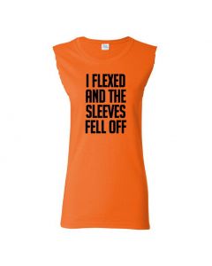 I Flexed And The Sleeves Fell Off Womens Cut Off T-Shirts-Orange-Womens Large