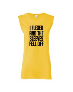 I Flexed And The Sleeves Fell Off Womens Cut Off T-Shirts-Yellow-Womens Large