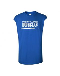 Installing Muscles, Please Wait Mens Cut Off T-Shirts-Blue-Large