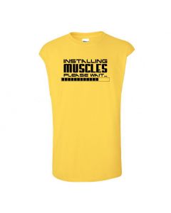 Installing Muscles, Please Wait Mens Cut Off T-Shirts-Yellow-Large
