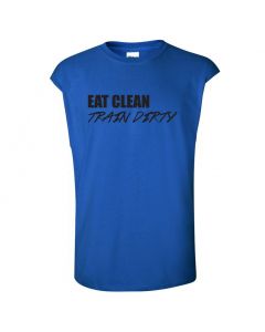 Eat Clean Train Dirty Mens Cut Off T-Shirts-Blue-Large