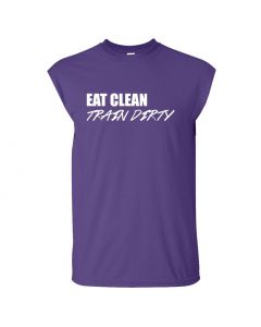 Eat Clean Train Dirty Mens Cut Off T-Shirts-Purple-Large