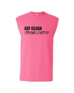 Eat Clean Train Dirty Mens Cut Off T-Shirts-Pink-Large
