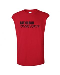 Eat Clean Train Dirty Mens Cut Off T-Shirts-Red-Large